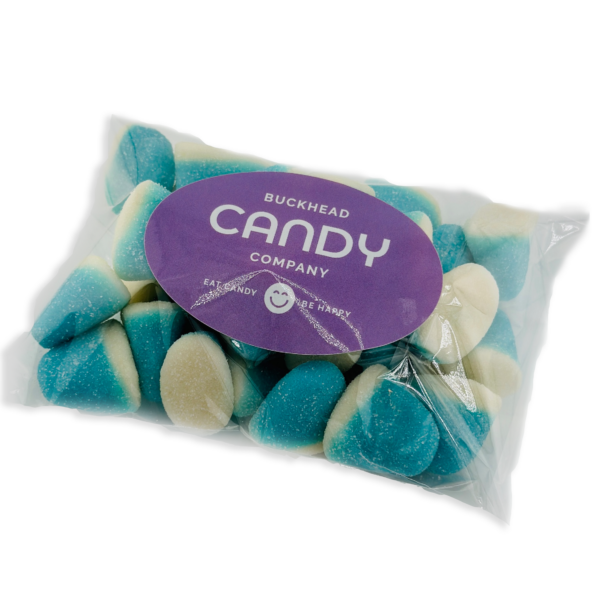 4 ounce bag of blue puffy puff gummi candy with Buckhead Candy Company branding