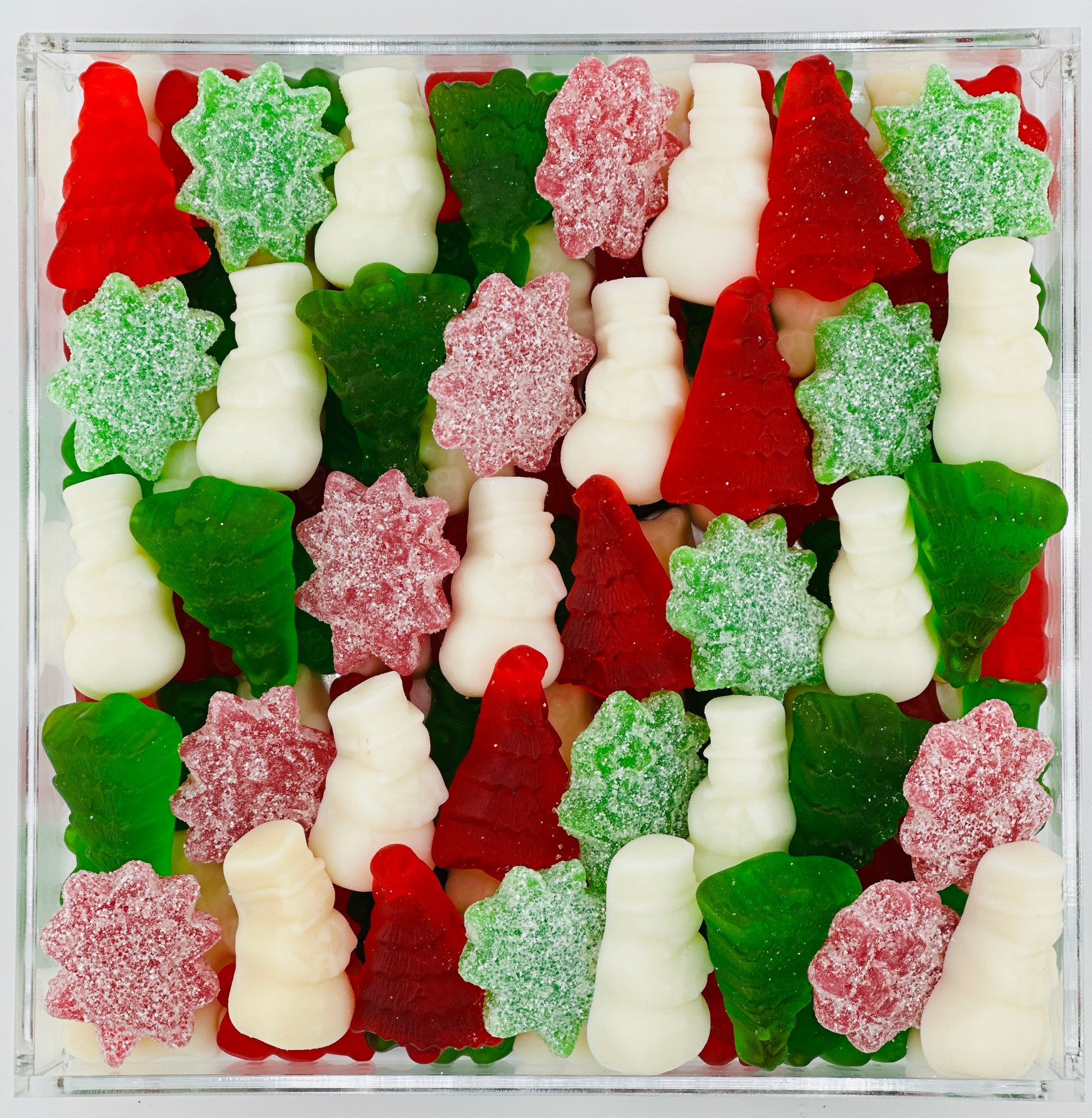 6x6 inch Red white and Green Xmas themed candy board with sweet and sour gummi candy assortment